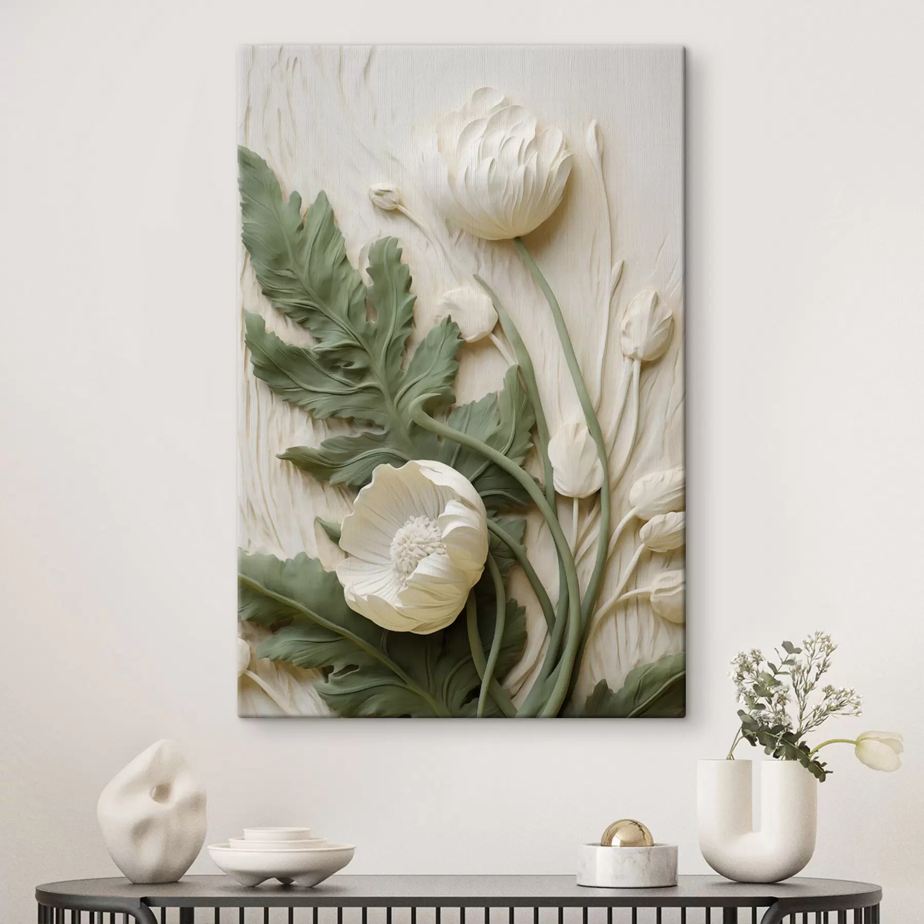 Tableau Des coquelicots blancs et des feuilles vertes sur un fond texturé orné de feuillage s49496