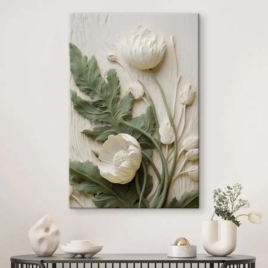 Tableau Des coquelicots blancs et des feuilles vertes sur un fond texturé orné de feuillage s49496