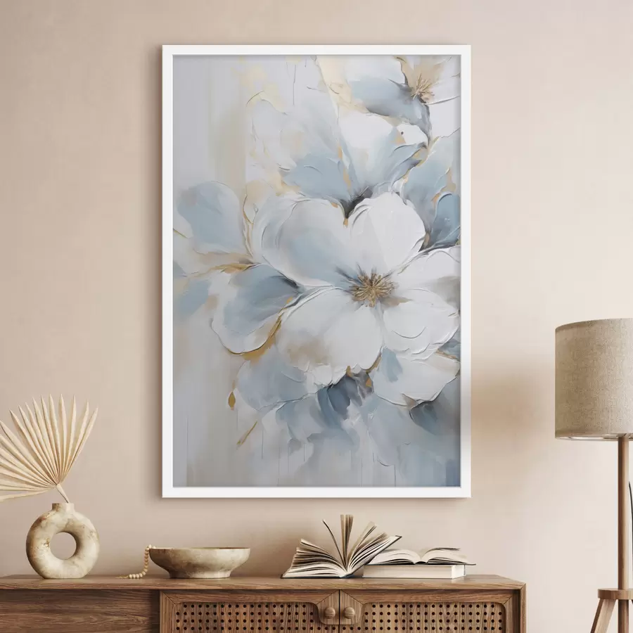 Papier peint Fleurs blanches et bleu clair, style pictural aux touches texturées f49462
