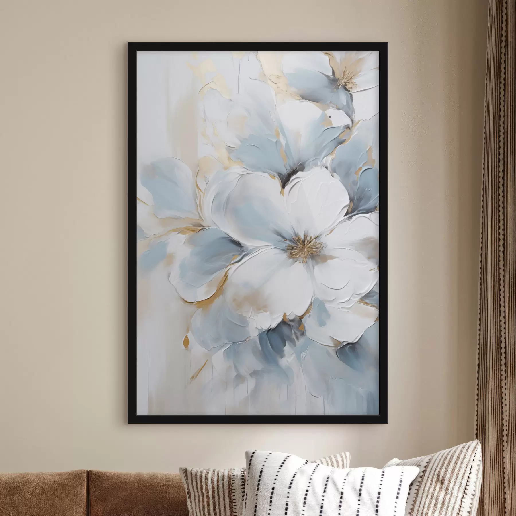 Papier peint Fleurs blanches et bleu clair, style pictural aux touches texturées f49462