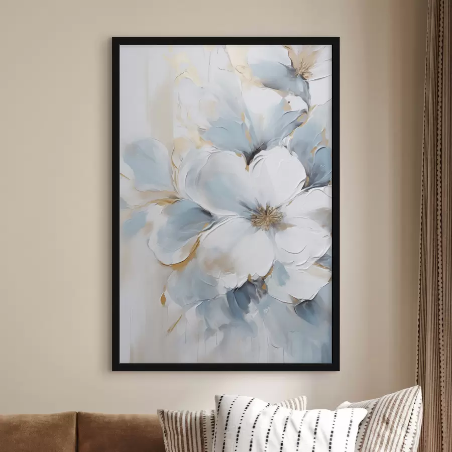 Papier peint Fleurs blanches et bleu clair, style pictural aux touches texturées f49462