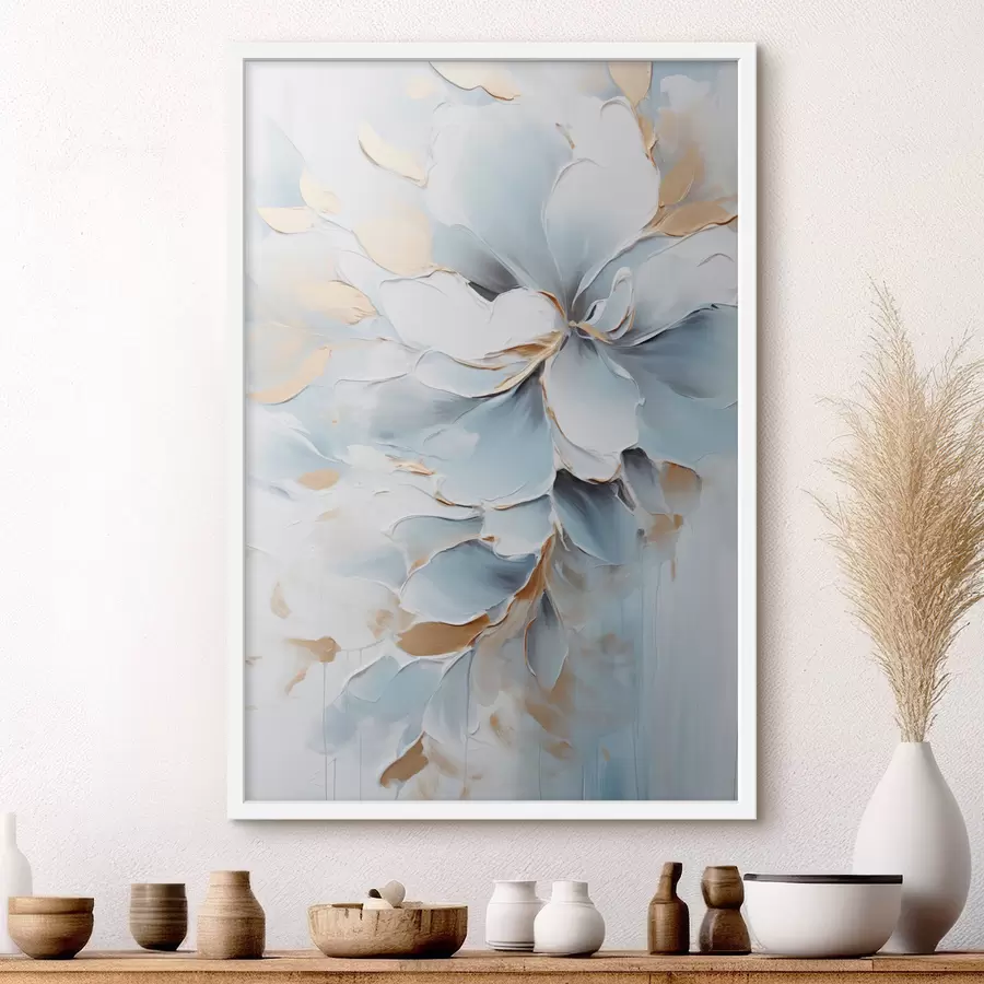 Papier peint Fleurs blanches et bleu clair, style pictural aux touches texturées f49463
