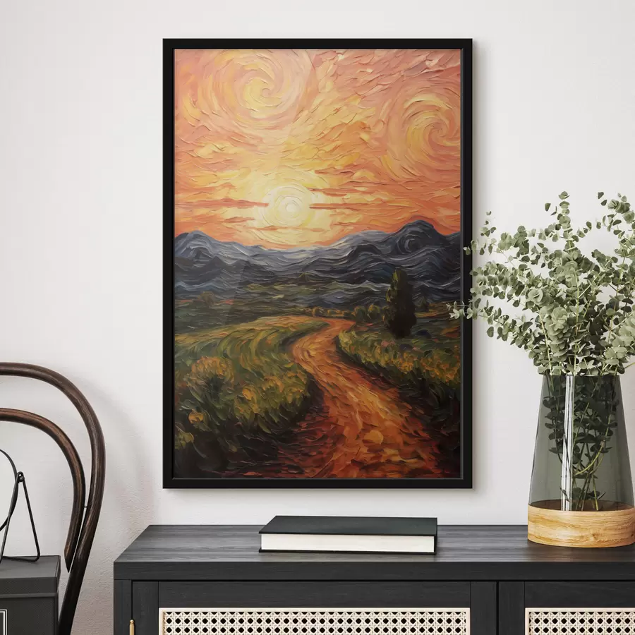 Papier peint Paysage éclatant, ciel orange et jaune avec un soleil, illustration stylisée et texturée f49478