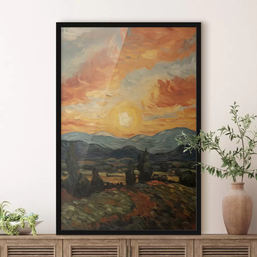 Papier peint Paysage éclatant, ciel orange et jaune avec un soleil, illustration stylisée et texturée f49479