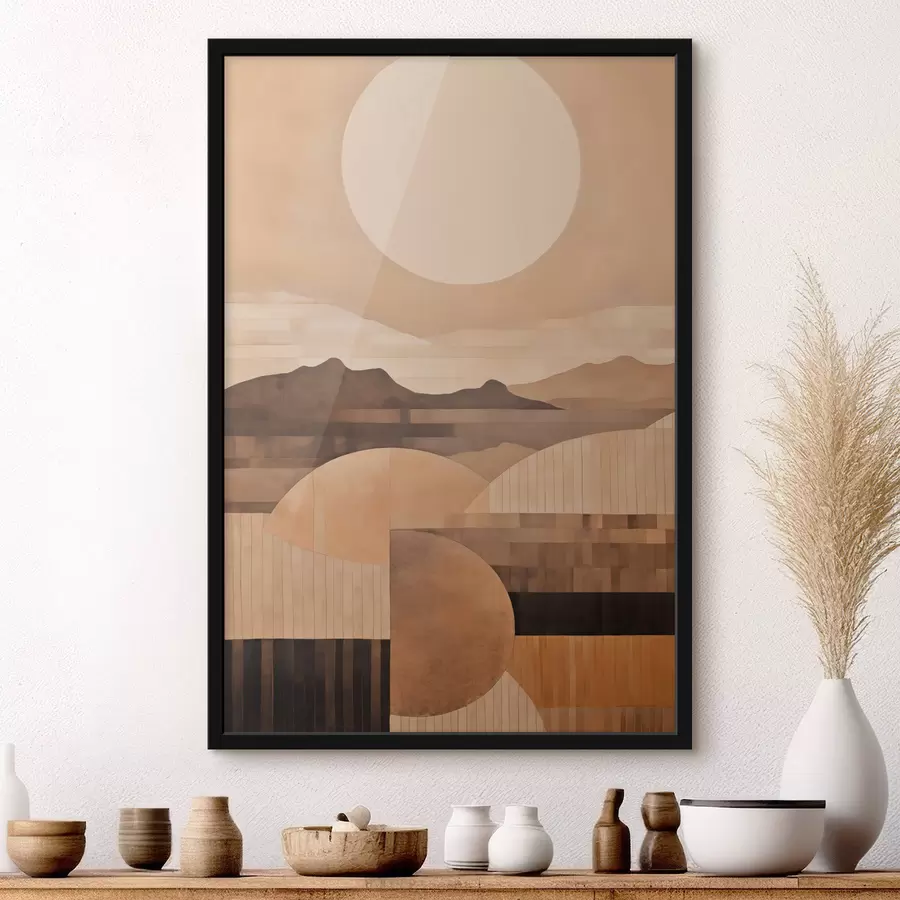 Papier peint Un paysage minimaliste aux formes géométriques, avec des montagnes aux tons sépia f49484
