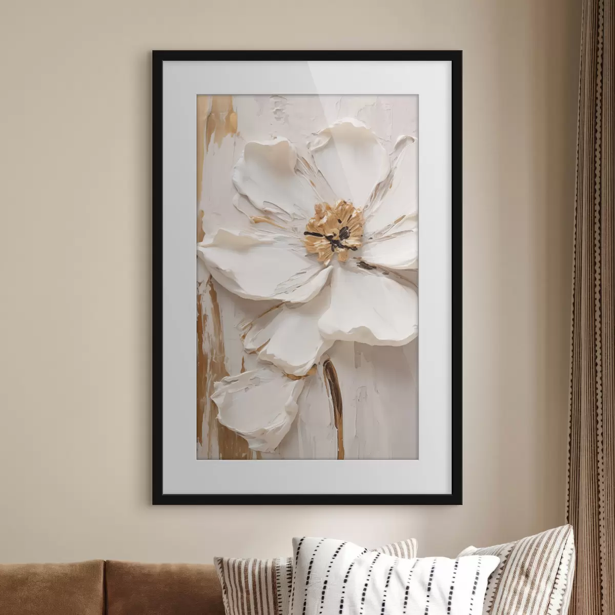 Poster Fleur blanche texturée aux pétales délicats sur fond abstrait f49486