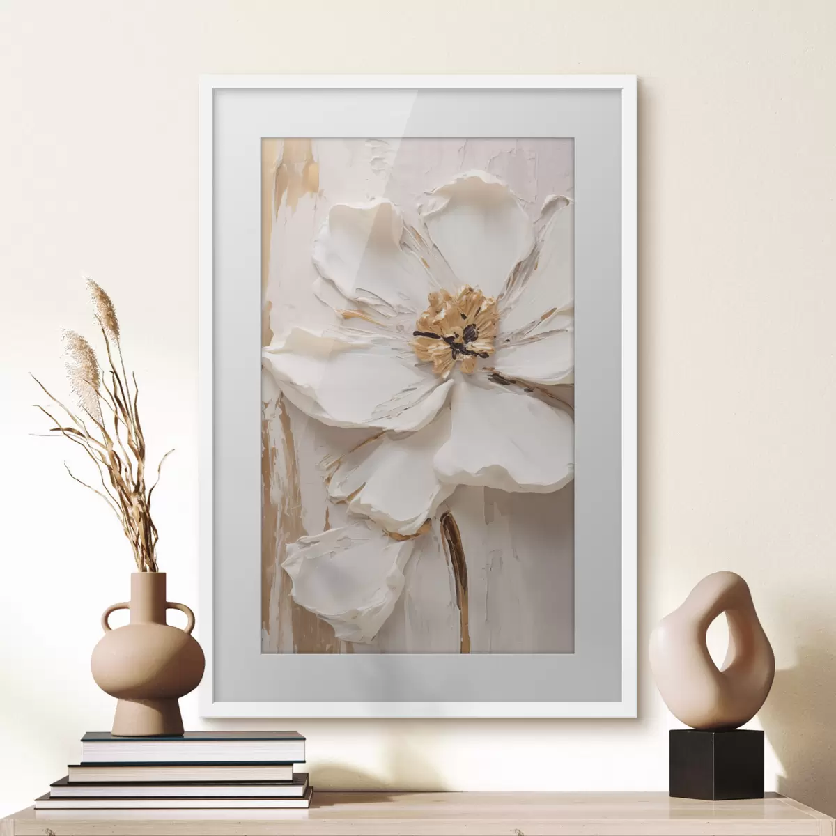 Poster Fleur blanche texturée aux pétales délicats sur fond abstrait f49486