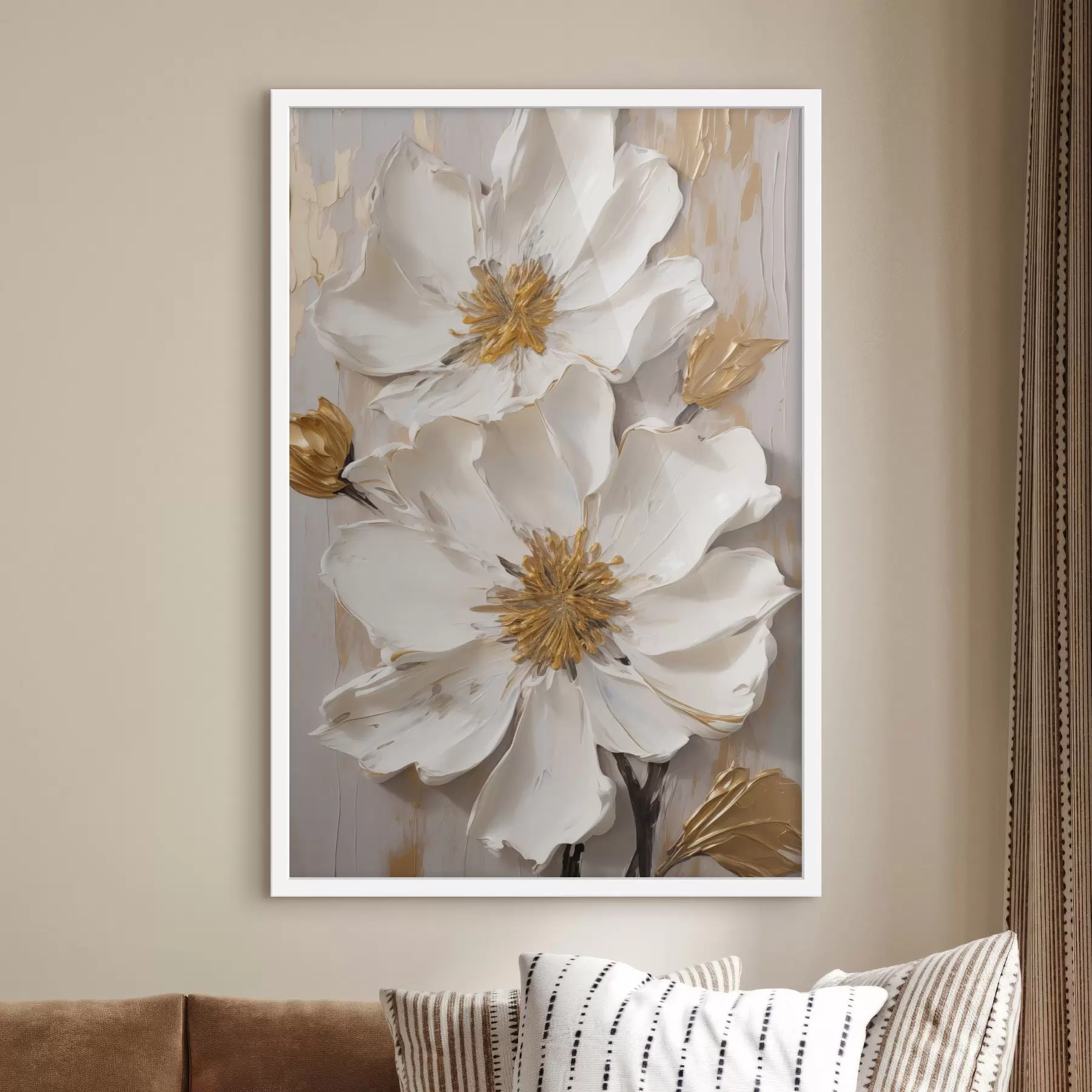 Papier peint Fleurs blanches texturées aux pétales délicats sur fond abstrait f49487