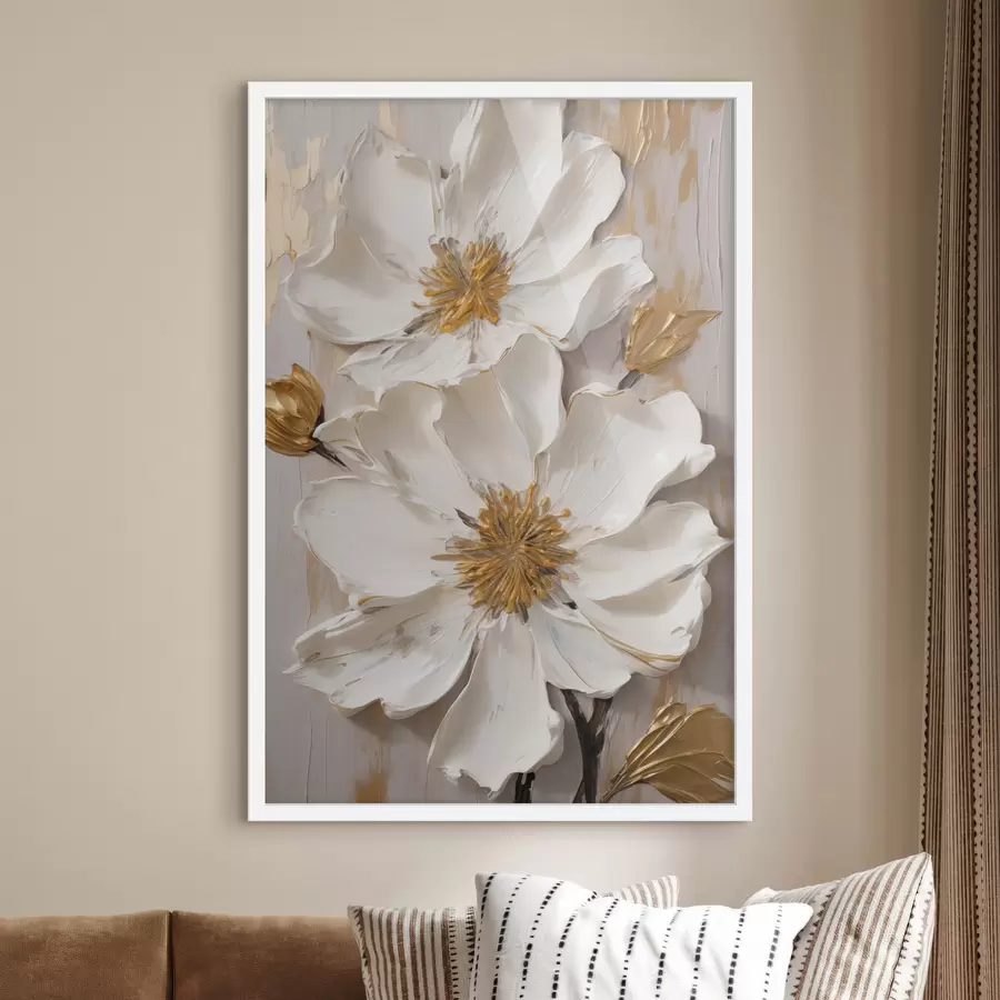 Papier peint Fleurs blanches texturées aux pétales délicats sur fond abstrait f49487