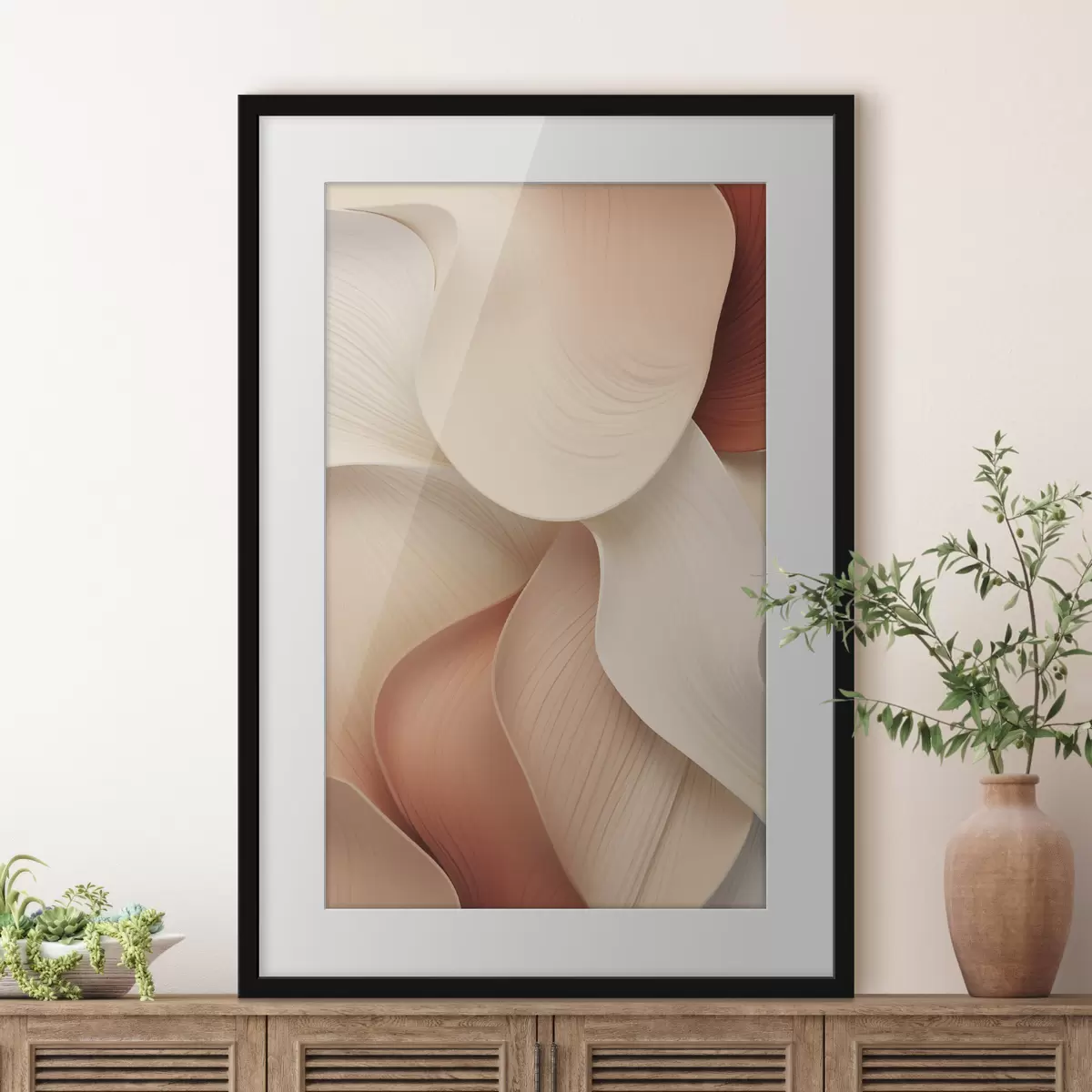 Poster Des formes abstraites aux lignes douces et fluides, dans des tons crème et beige f49488