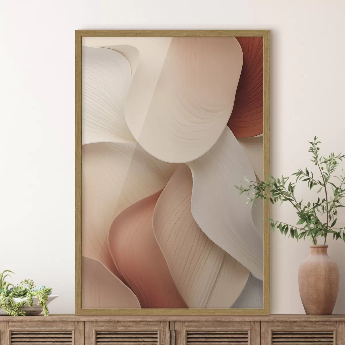 Poster Des formes abstraites aux lignes douces et fluides, dans des tons crème et beige f49488