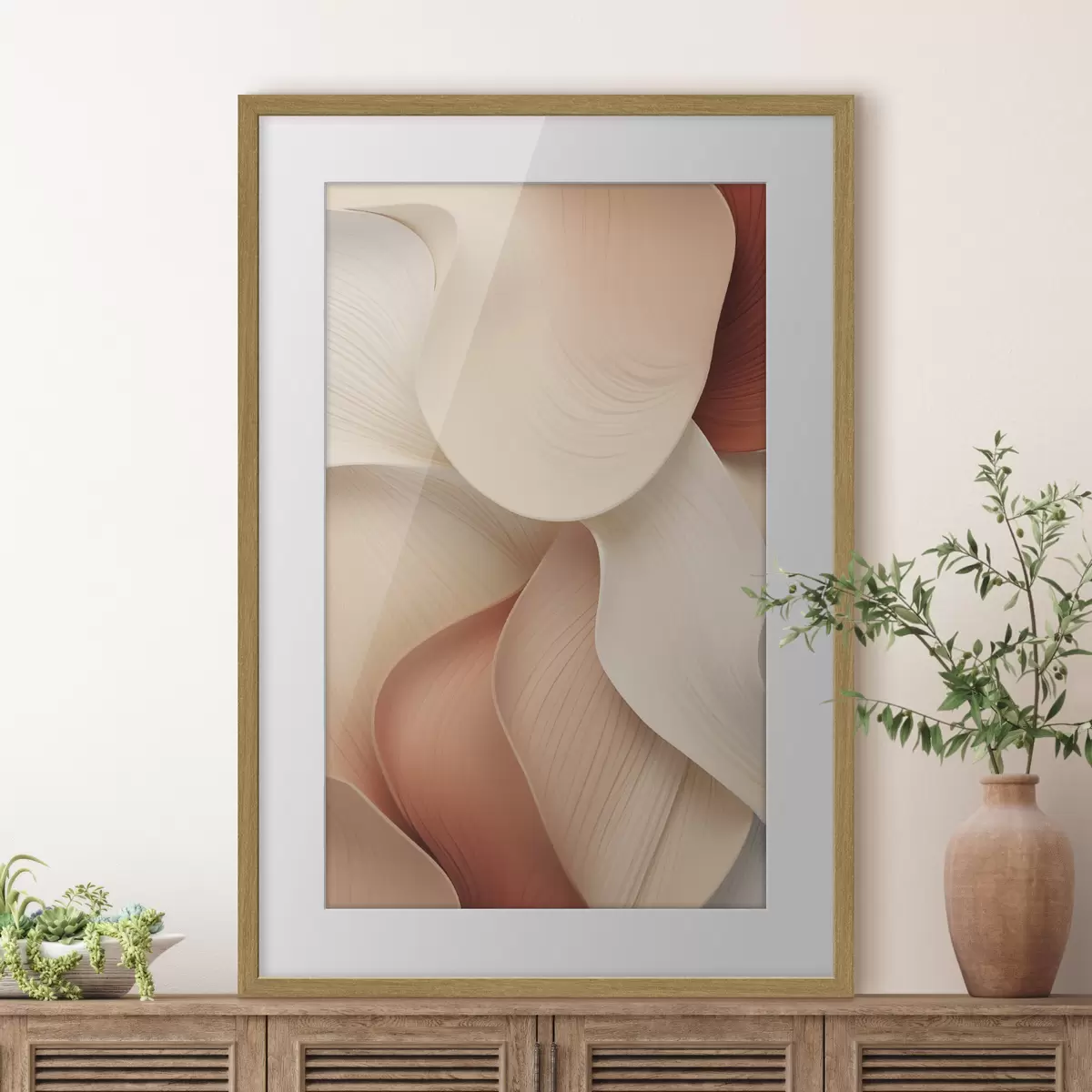 Poster Des formes abstraites aux lignes douces et fluides, dans des tons crème et beige f49488