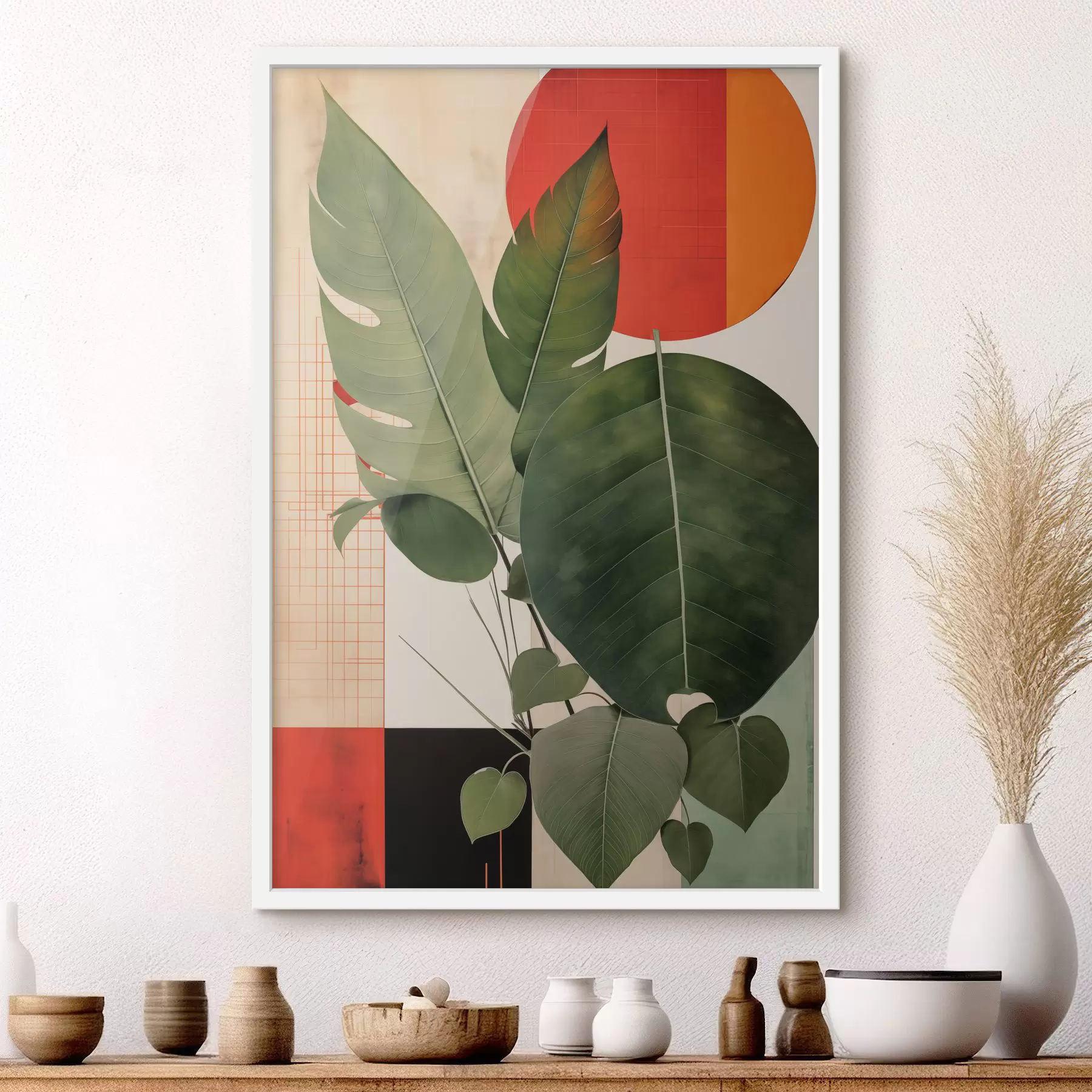 Papier peint De grandes feuilles sur un fond géométrique, dans un style d'art moderne abstrait f49490