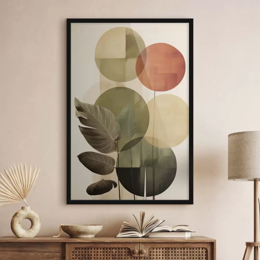 Papier peint Des feuilles sur fond géométrique, dans un style d'art moderne abstrait f49491