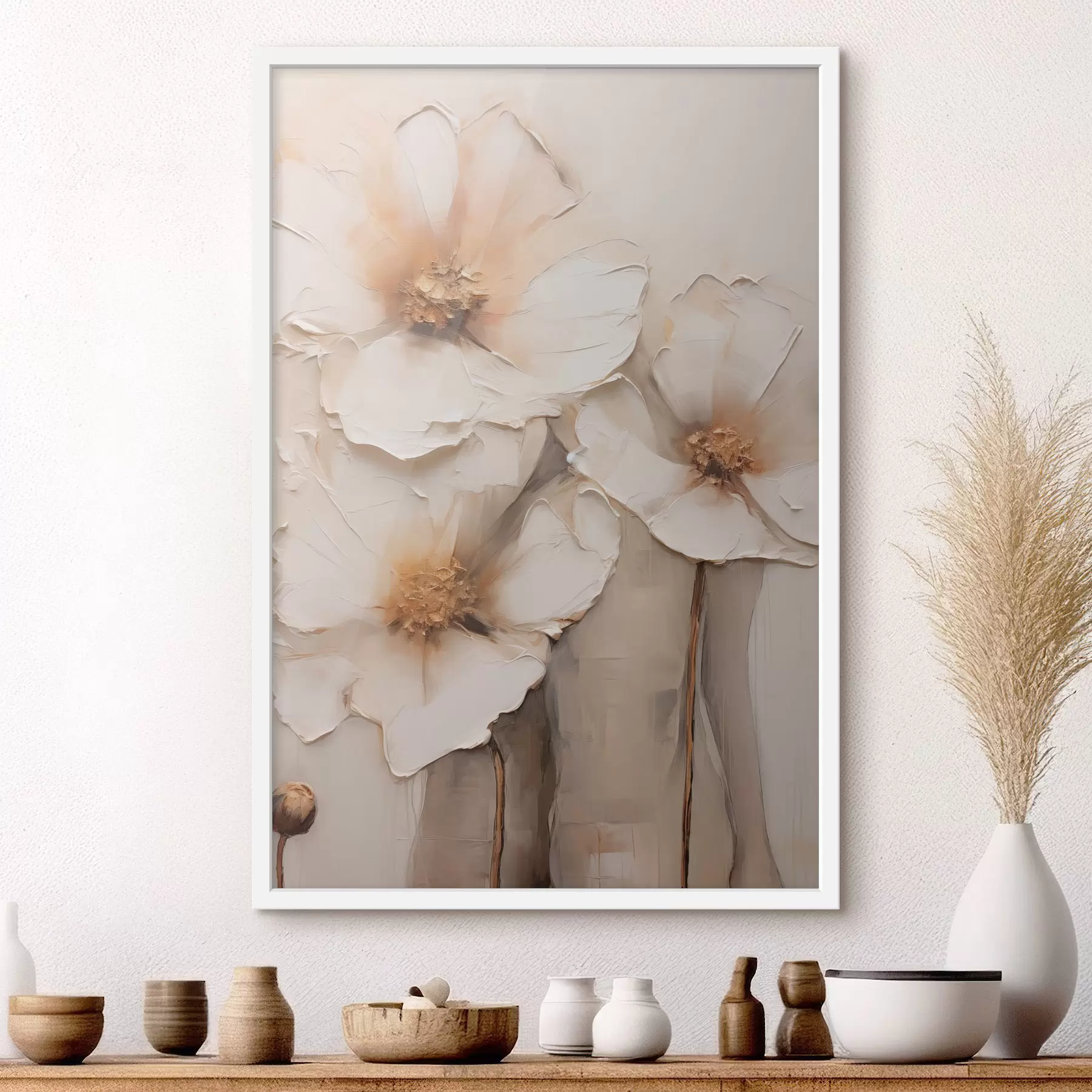 Papier peint De grandes fleurs blanches, sur un fond abstrait clair f49495