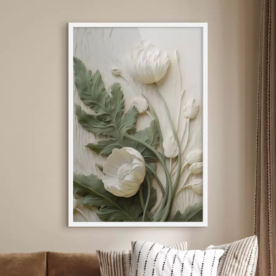 Papier peint Des coquelicots blancs et des feuilles vertes sur un fond texturé orné de feuillage f49496