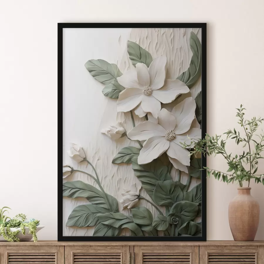 Papier peint Des fleurs blanches et des feuilles vertes sur un fond texturé orné de feuillage f49497