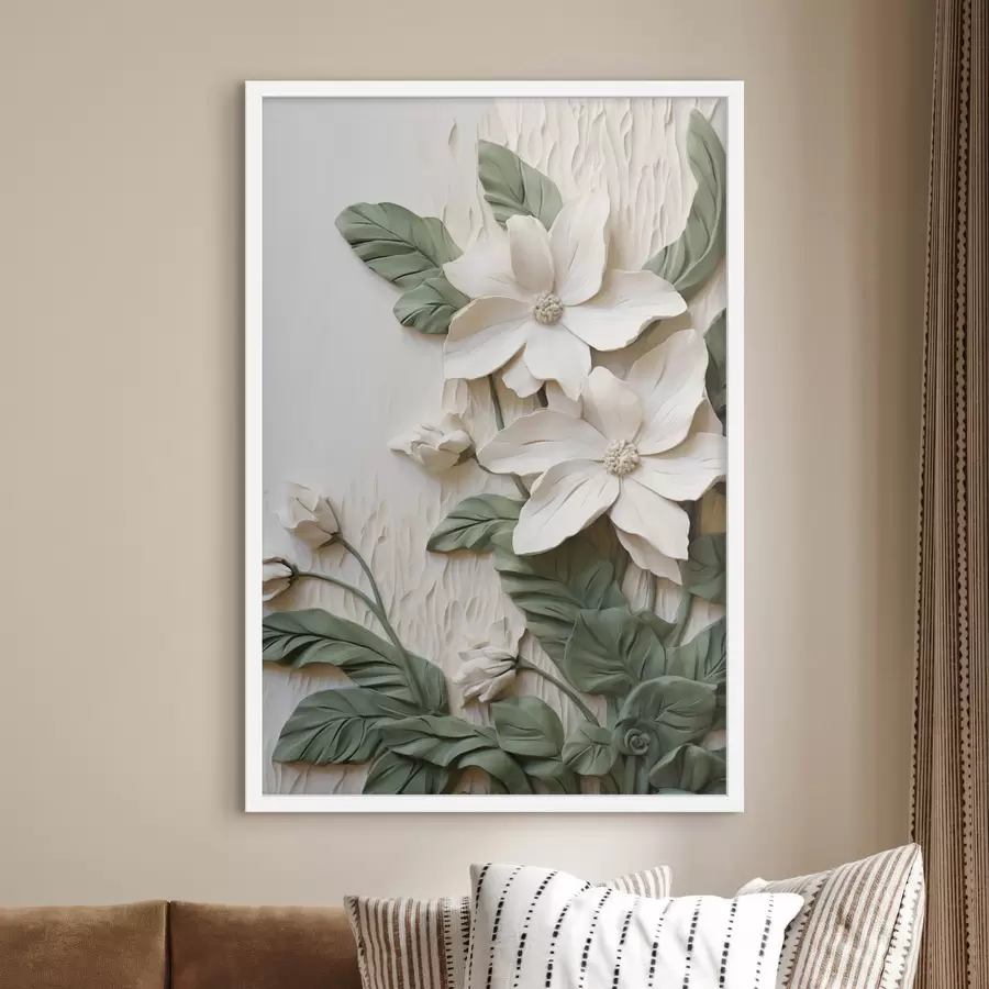 Papier peint Des fleurs blanches et des feuilles vertes sur un fond texturé orné de feuillage f49497