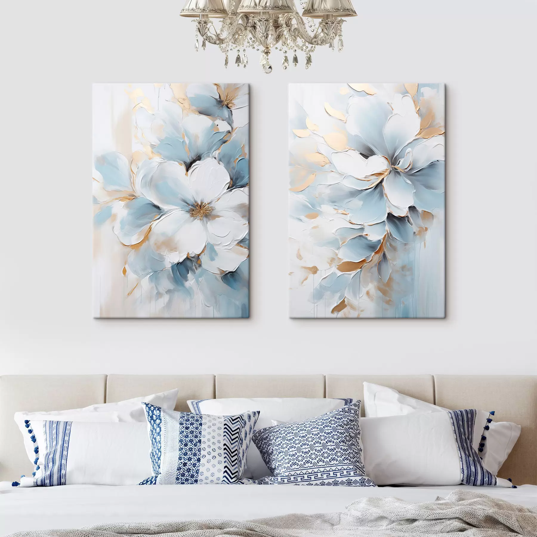Tableau Fleurs blanches et bleu clair, style pictural aux touches texturées m30567