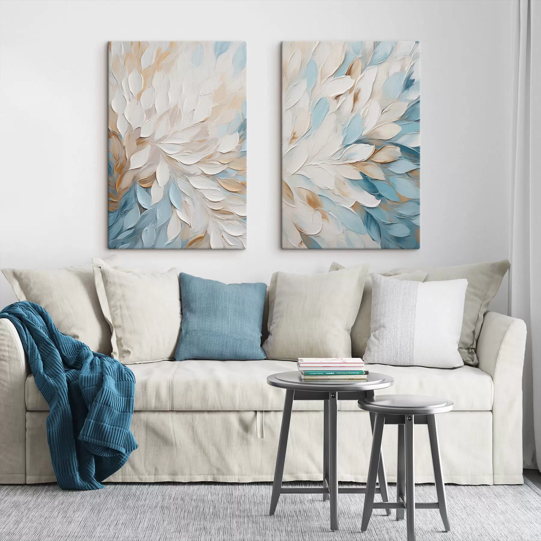 Tableau Peinture abstraite texturée imitant des coups de pinceau en blanc, bleu et beige m30568
