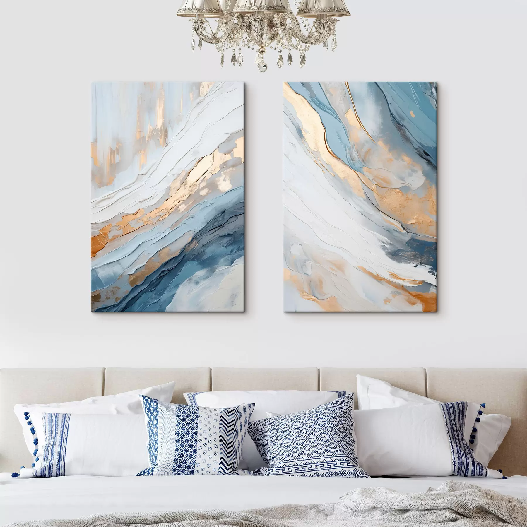 Tableau Œuvre d'art abstraite aux lignes fluides bleues et à la texture riche m30573