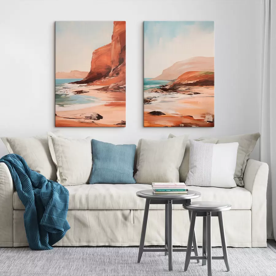 Tableau Paysage avec des falaises et des vagues qui viennent s'écraser sur une plage de sable, avec une mer calme m30574