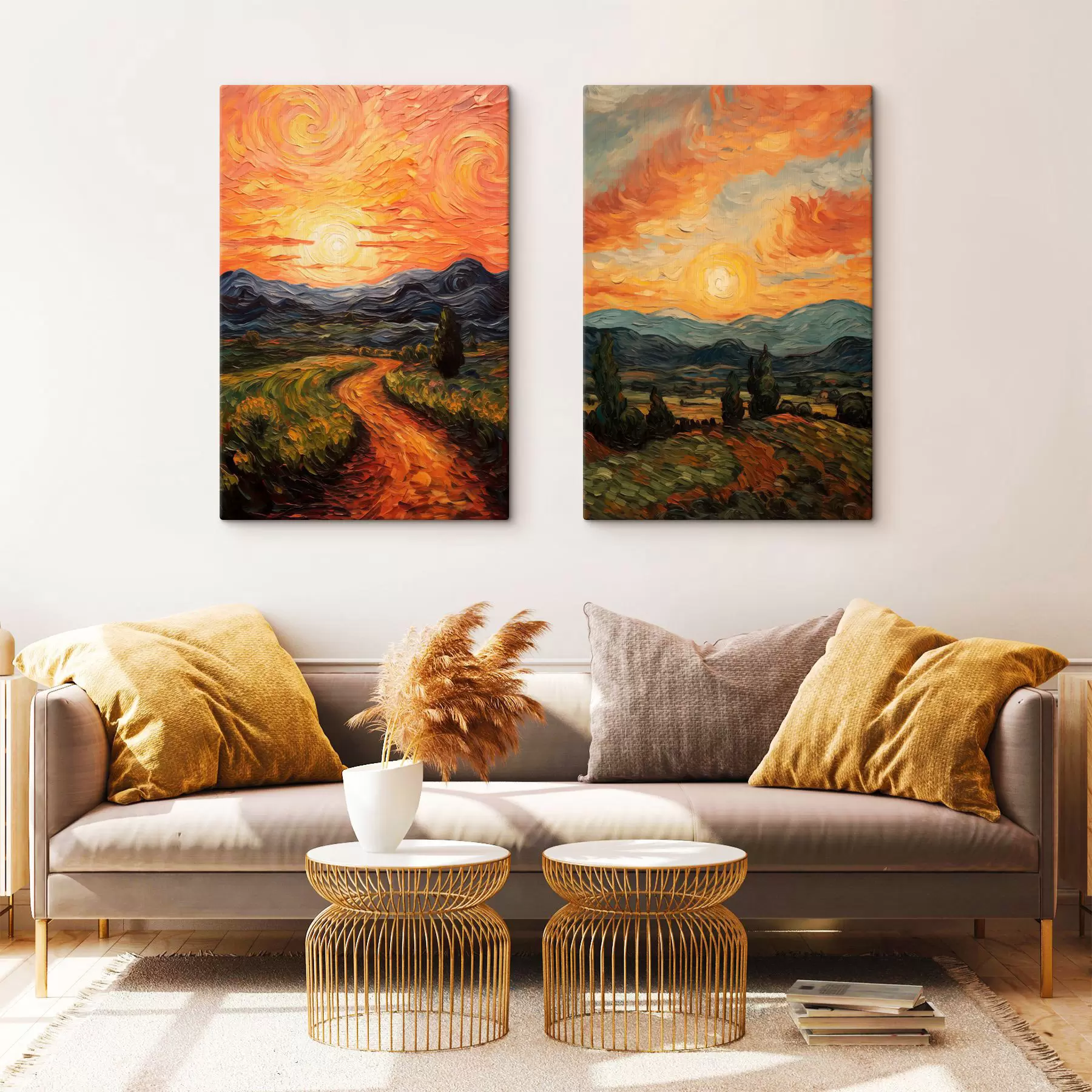 Tableau Paysage éclatant, ciel orange et jaune avec un soleil, illustration stylisée et texturée m30575