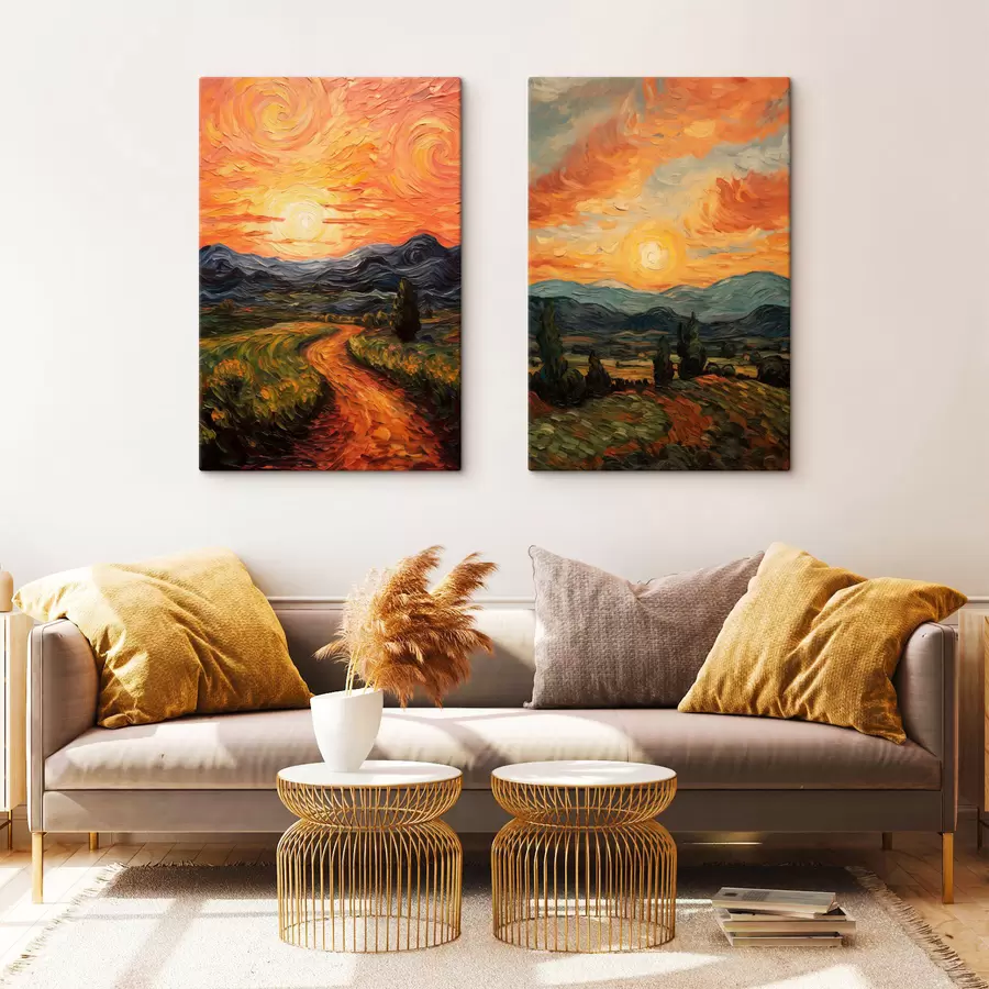 Tableau Paysage éclatant, ciel orange et jaune avec un soleil, illustration stylisée et texturée m30575
