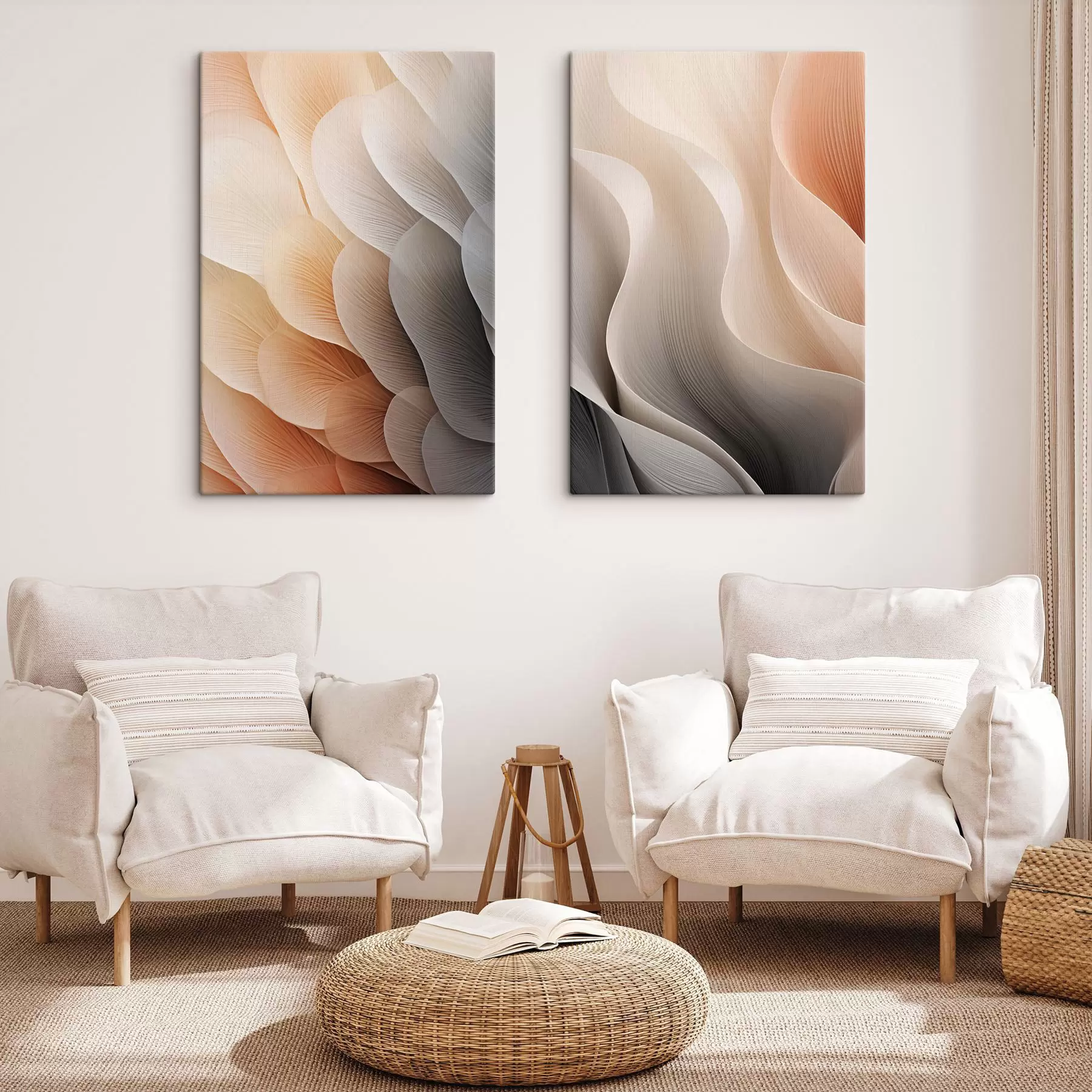Tableau Des textures abstraites et translucides, évoquant des pétales, dans des tons de pêche, de crème et de gris m30582