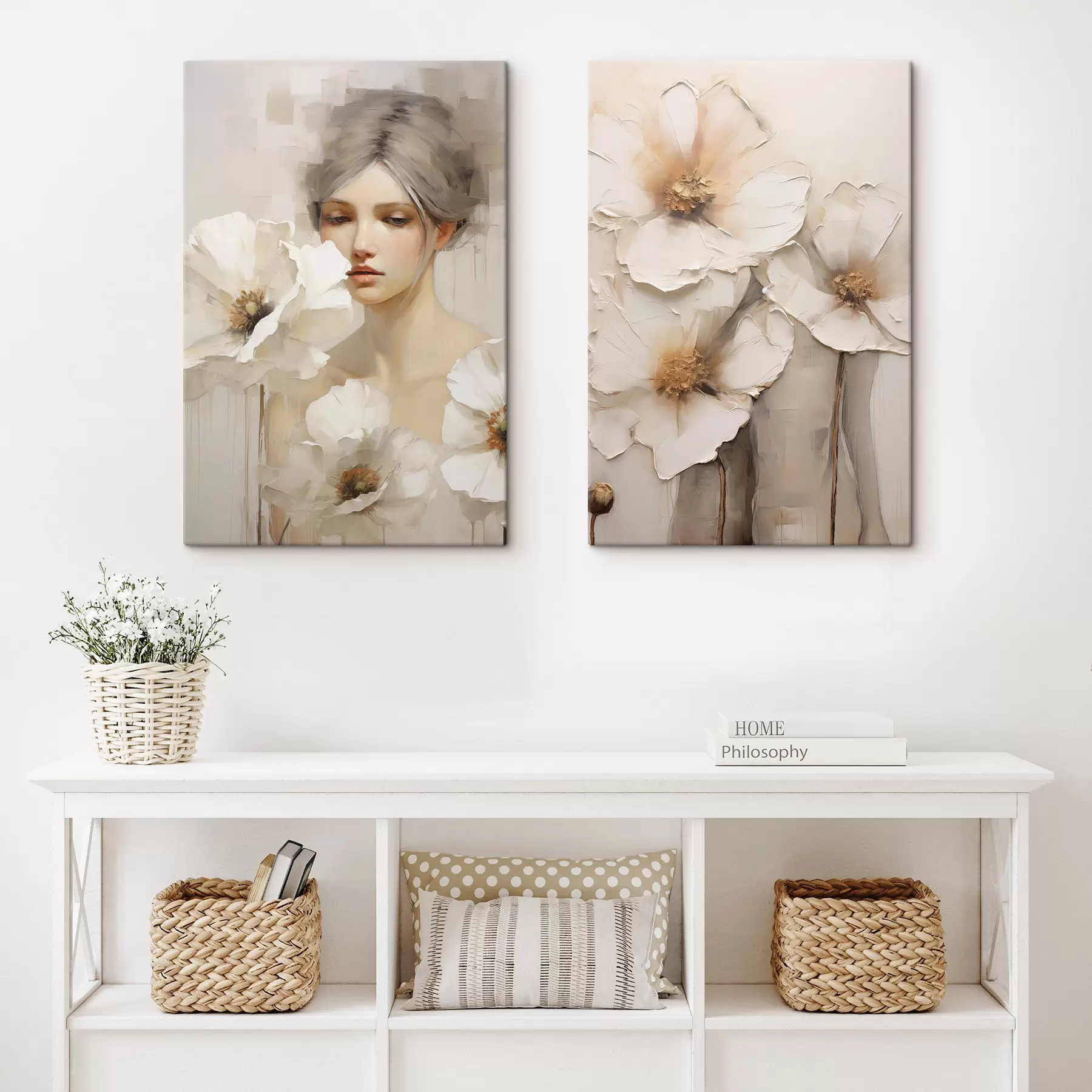 Tableau Portrait d'une femme avec de grandes fleurs blanches, sur un fond abstrait clair m30583