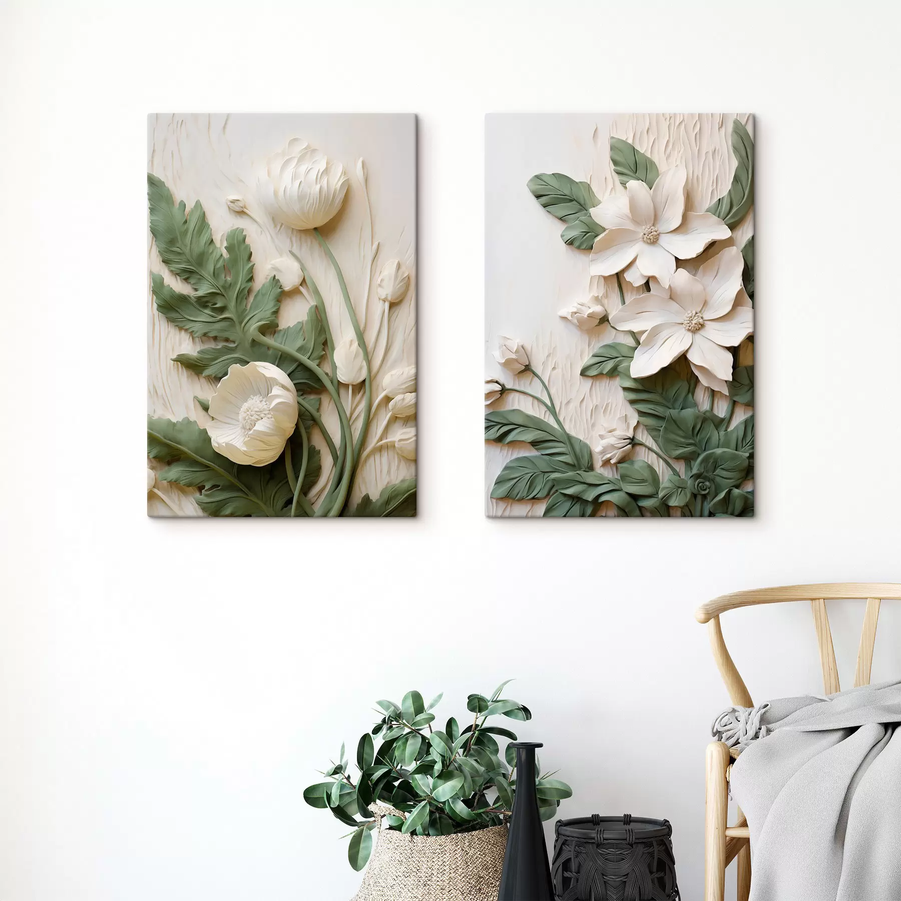 Tableau Des fleurs blanches et des feuilles vertes sur un fond texturé orné de feuillage m30584