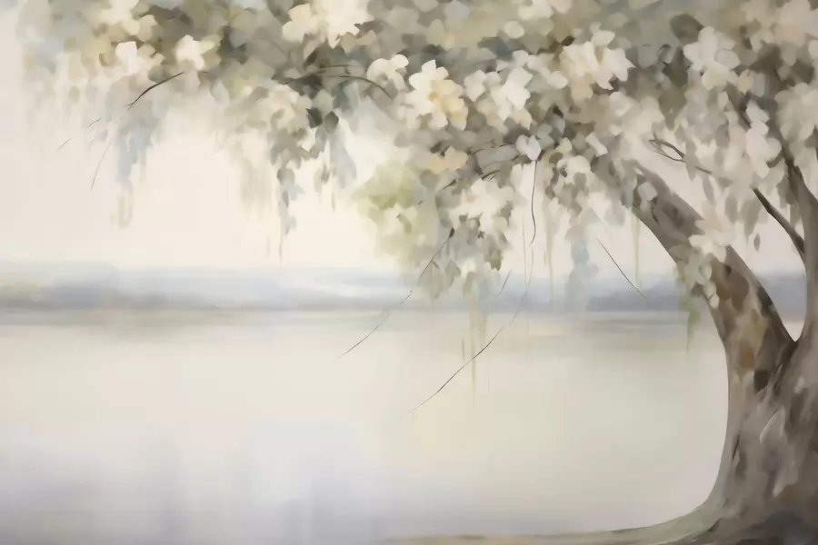 Papier peint Peinture représentant un arbre au bord d'un lac w05670