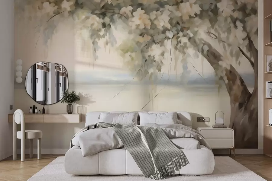 Papier peint Peinture représentant un arbre au bord d'un lac w05670