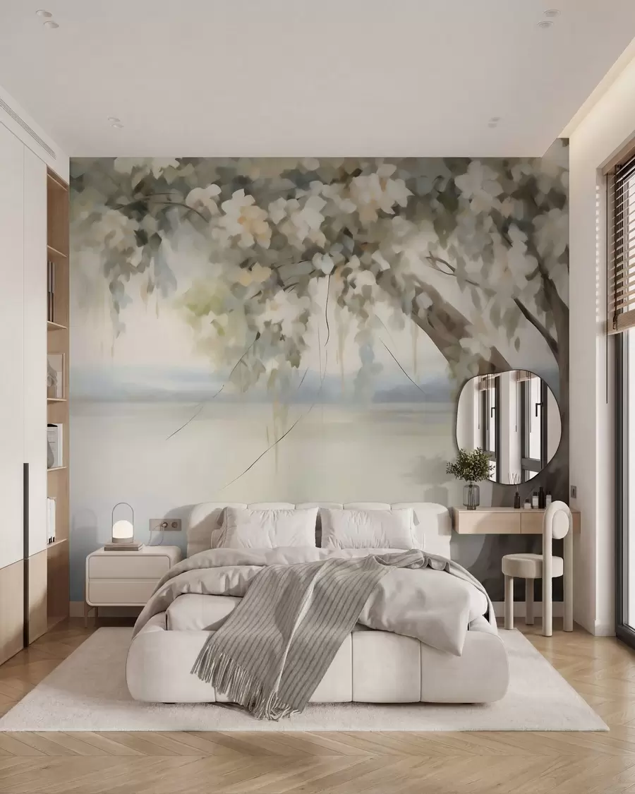Papier peint Peinture représentant un arbre au bord d'un lac w05670