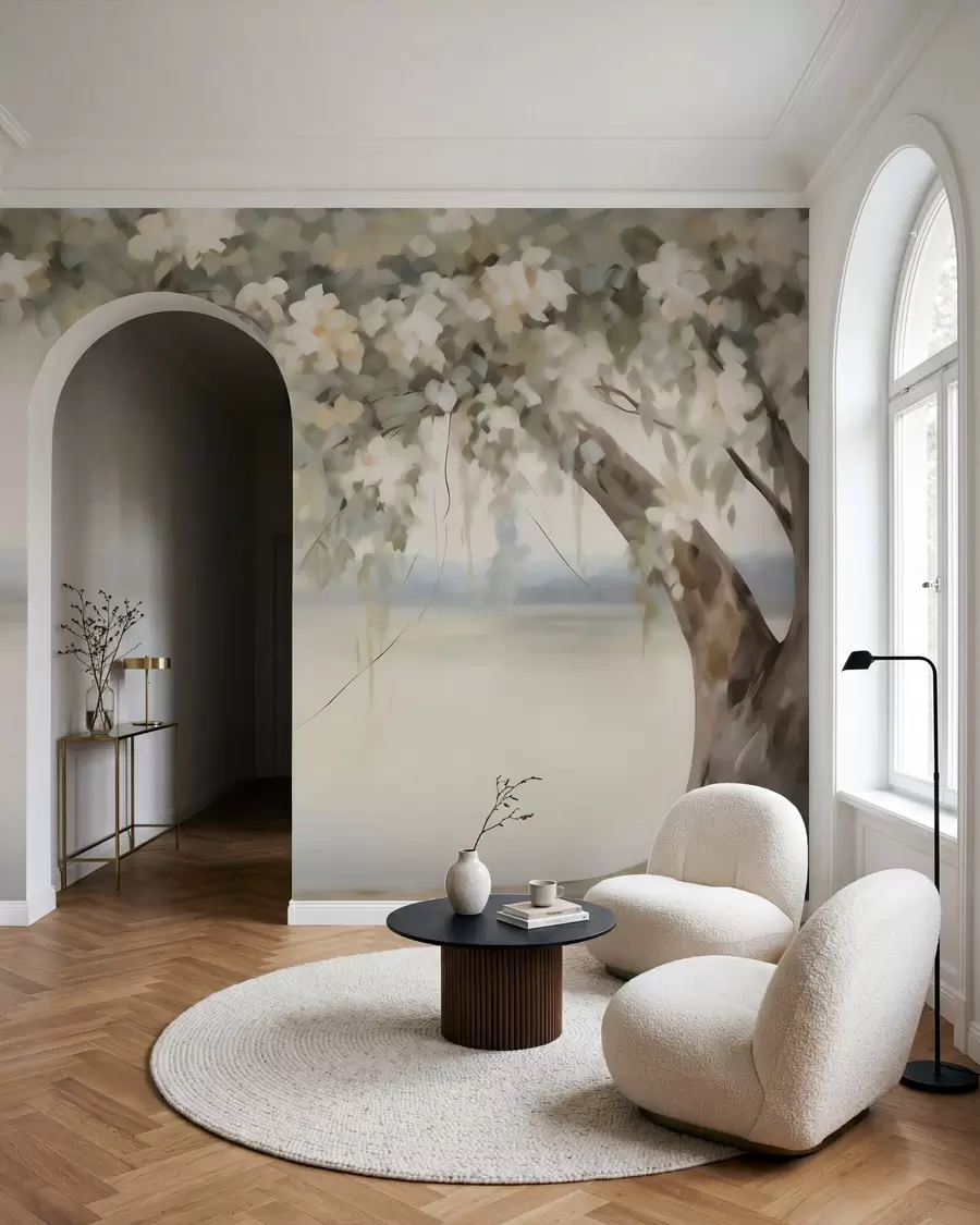 Papier peint Peinture représentant un arbre au bord d'un lac w05670