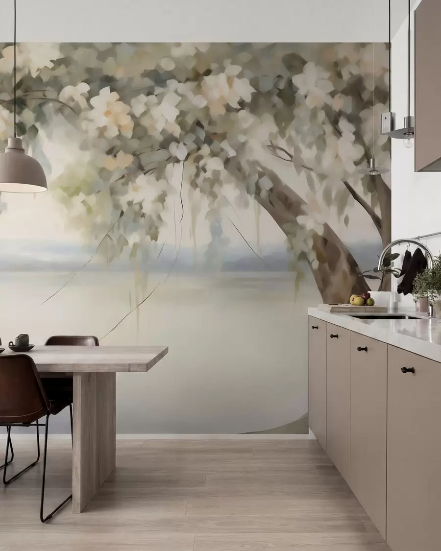 Papier peint Peinture représentant un arbre au bord d'un lac w05670