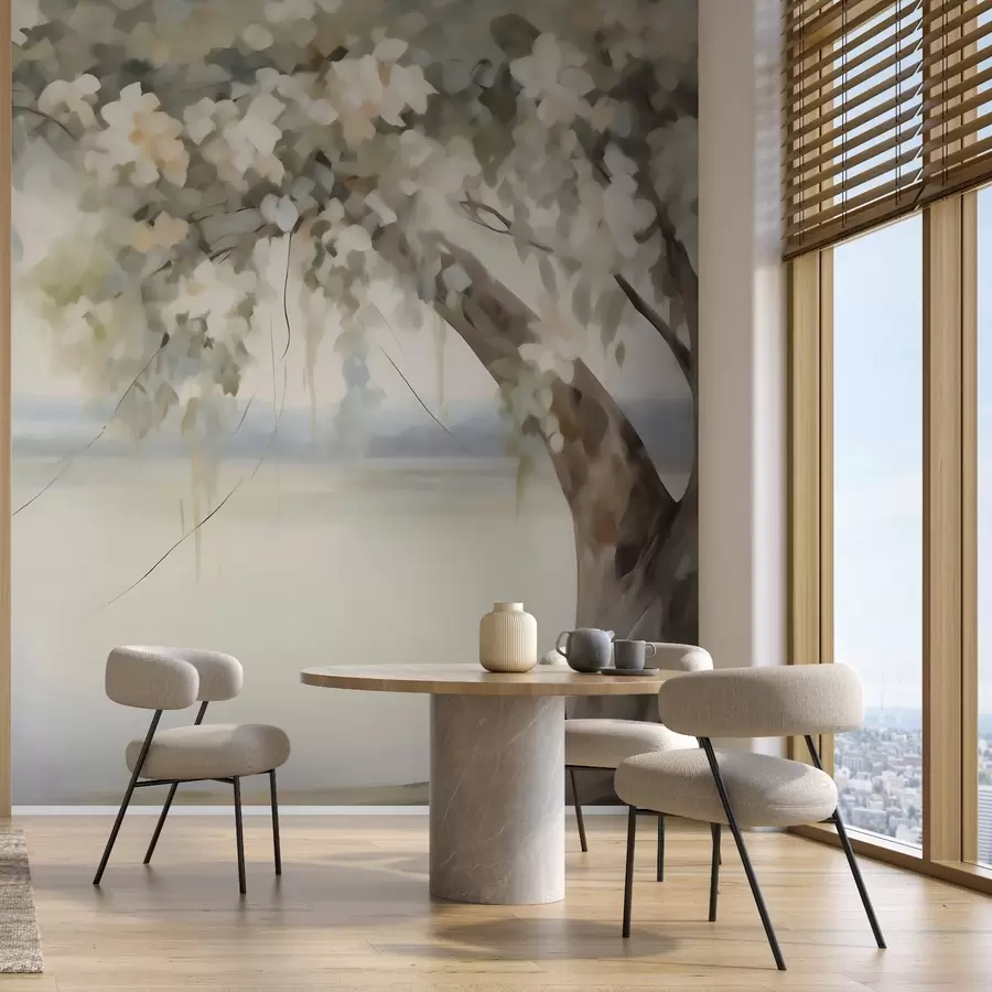 Papier peint Peinture représentant un arbre au bord d'un lac w05670