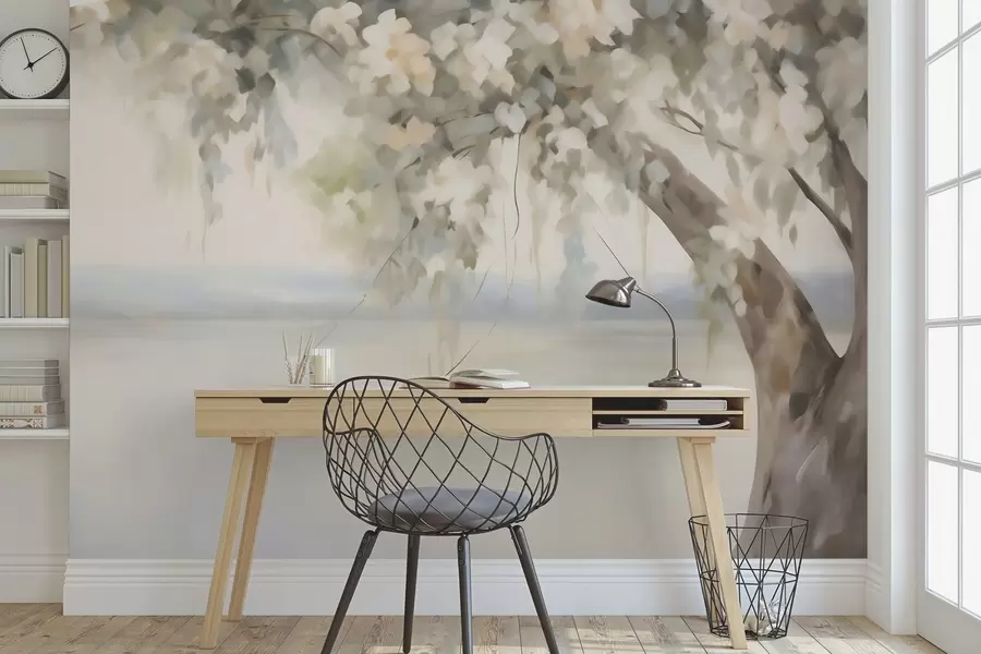 Papier peint Peinture représentant un arbre au bord d'un lac w05670