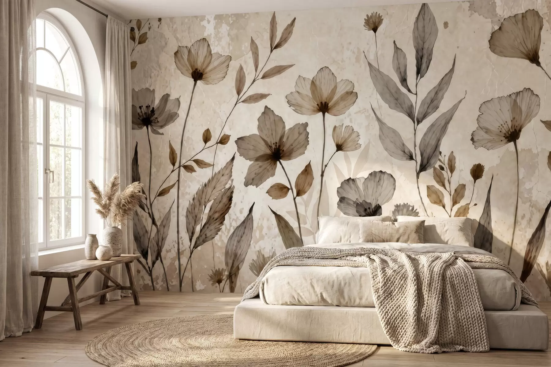 Papier peint Des fleurs sauvages délicatement peintes à l'aquarelle dans une palette de tons beiges et crème w09875