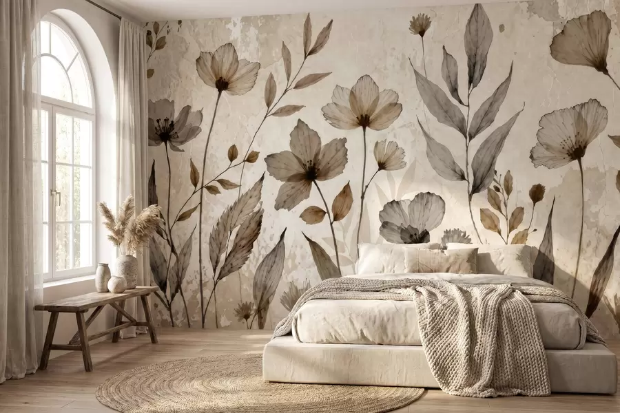 Papier peint Des fleurs sauvages délicatement peintes à l'aquarelle dans une palette de tons beiges et crème w09875