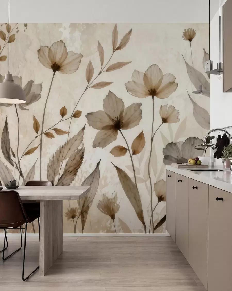 Papier peint Des fleurs sauvages délicatement peintes à l'aquarelle dans une palette de tons beiges et crème w09875