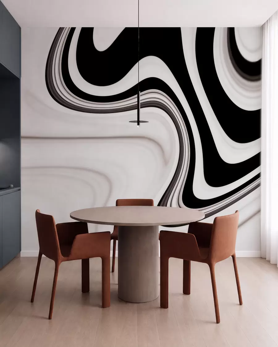Papier peint Papier peint abstrait représentant des vagues fluides en noir et blanc, dans un style moderne et minimaliste w09877