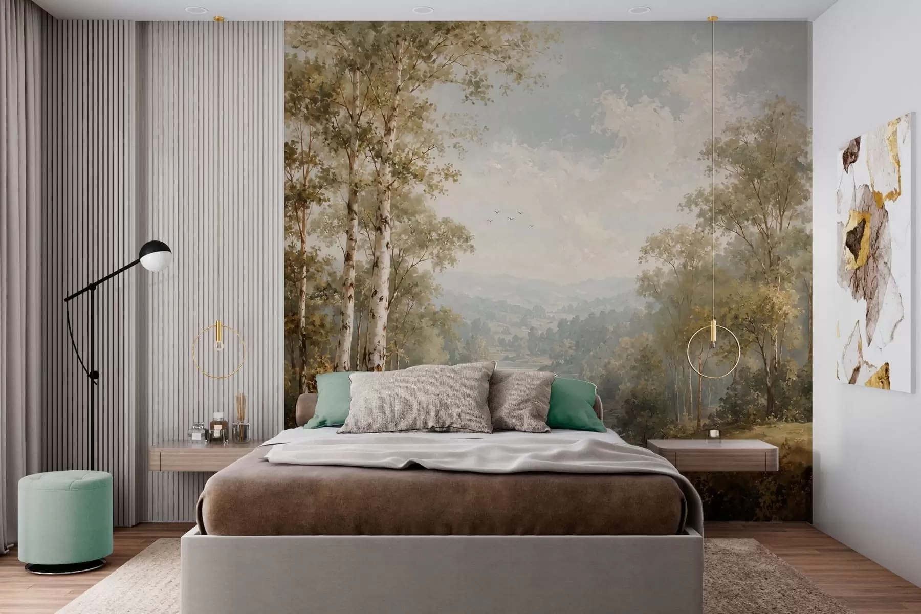 Papier peint Paysage fluvial lumineux avec des bouleaux et des nuages w05685