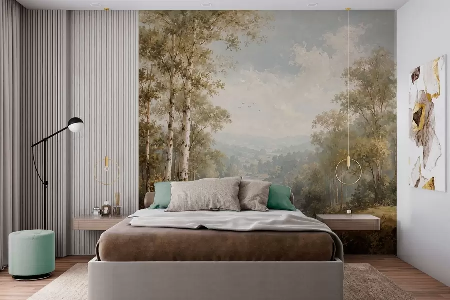 Papier peint Paysage fluvial lumineux avec des bouleaux et des nuages w05685