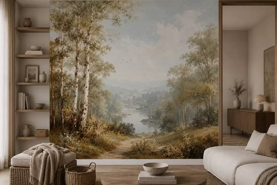 Papier peint Paysage fluvial lumineux avec des bouleaux et des nuages w05685