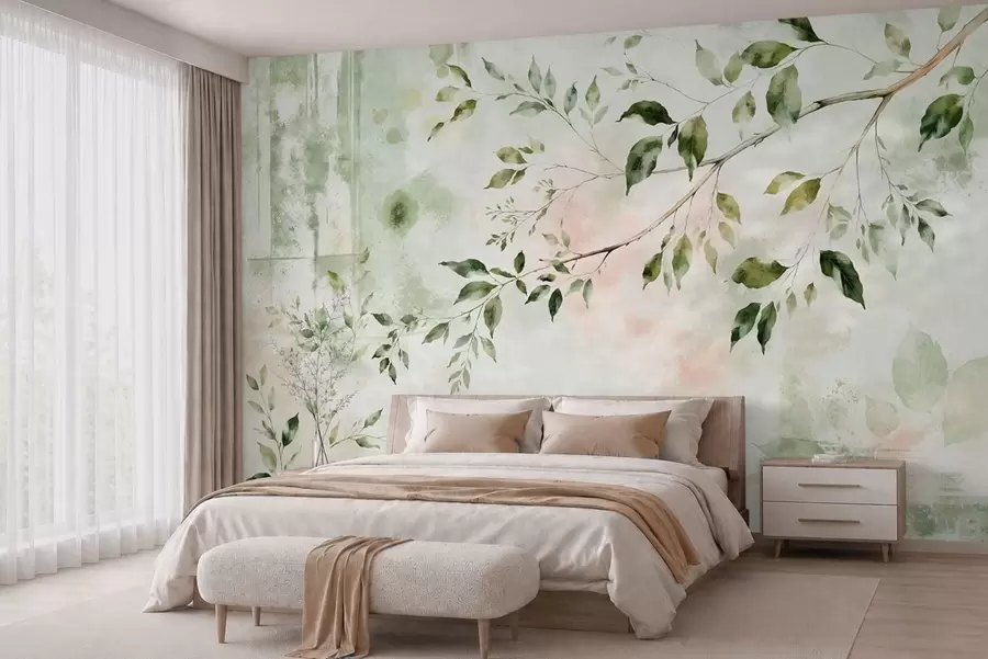 Papier peint Une branche feuillue peinte à l'aquarelle sur un fond clair w05688