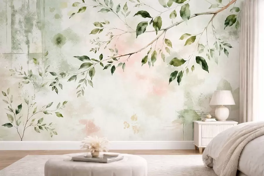 Papier peint Une branche feuillue peinte à l'aquarelle sur un fond clair w05688