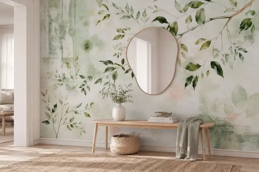 Papier peint Une branche feuillue peinte à l'aquarelle sur un fond clair w05688