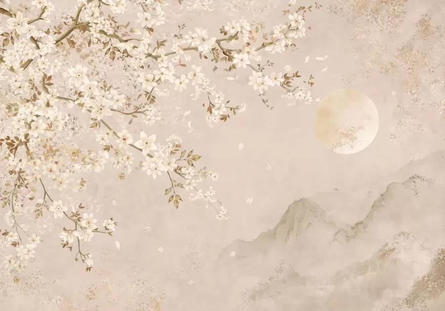 Papier peint Une branche en fleurs au-dessus des montagnes brumeuses et du soleil w05695