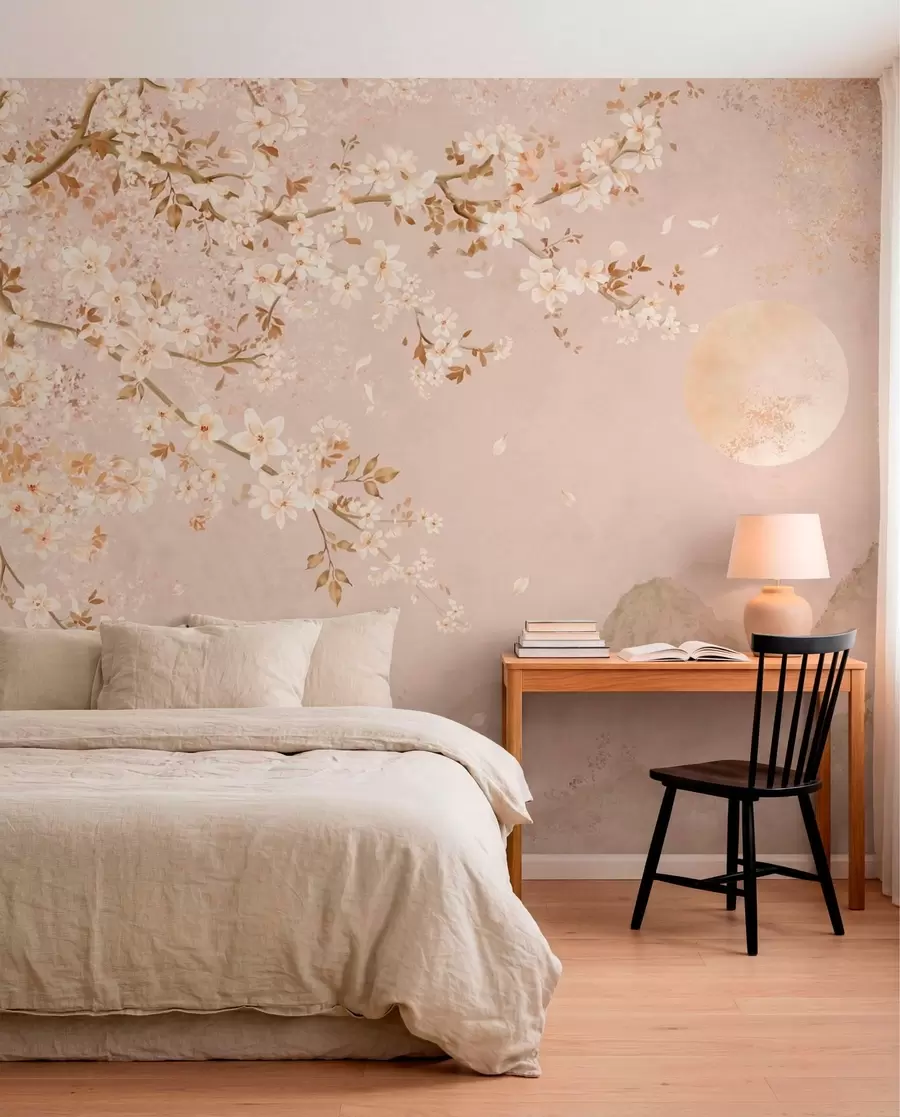 Papier peint Une branche en fleurs au-dessus des montagnes brumeuses et du soleil w05695